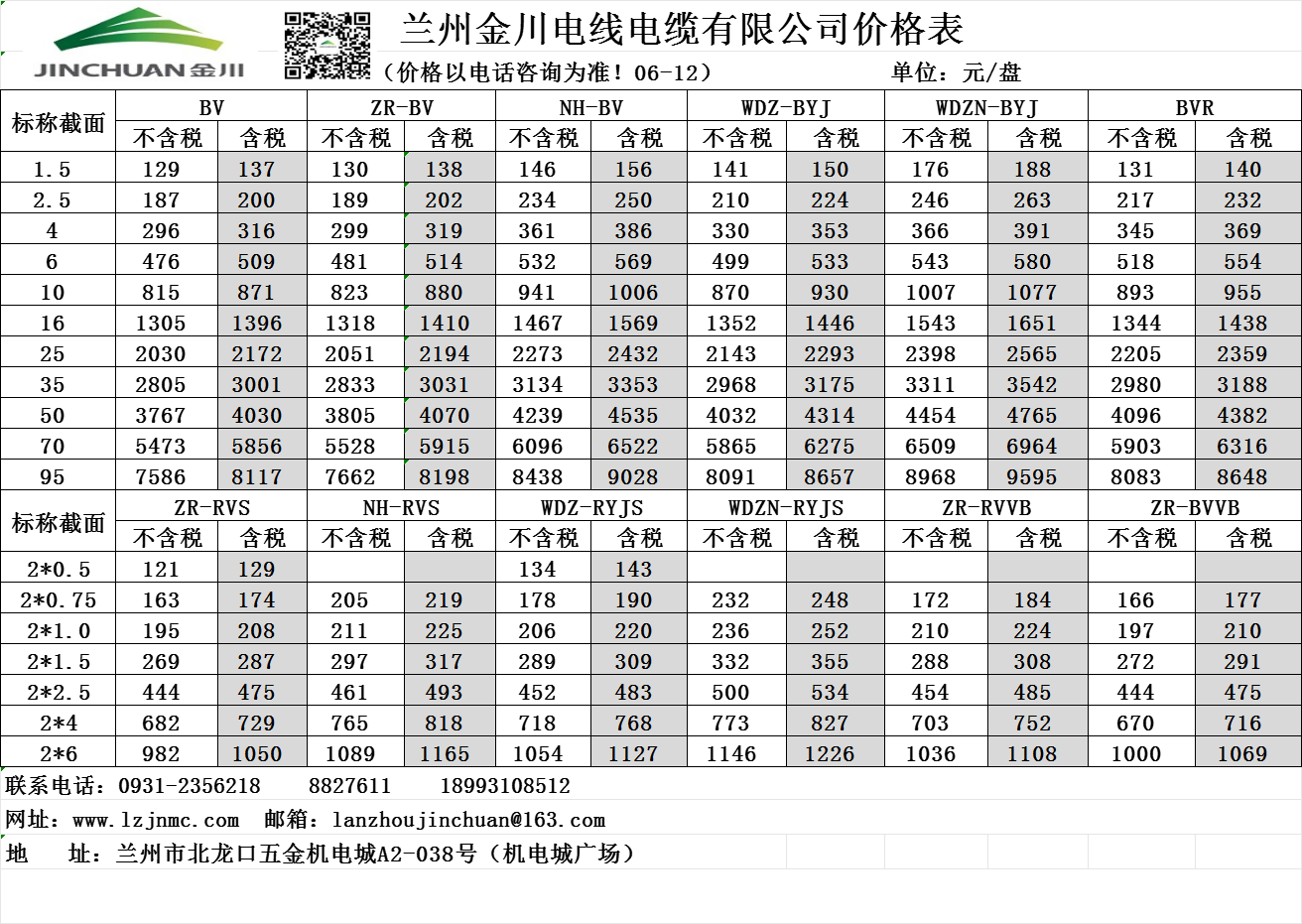 蘭州金川電線價格表